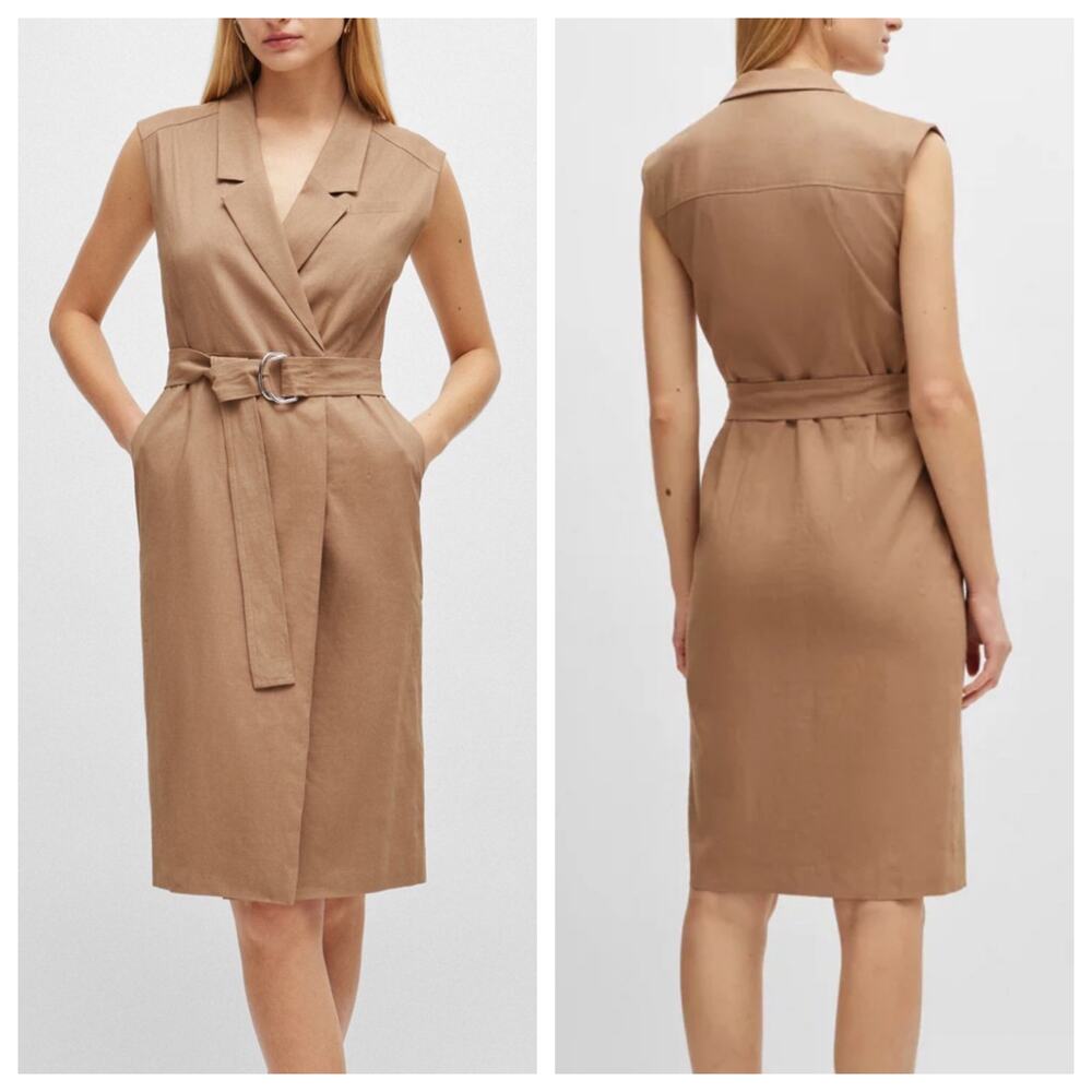 BOSS Wrap Dress Belted Sleeveless Collared Tan Beige Linen Blend Mini New